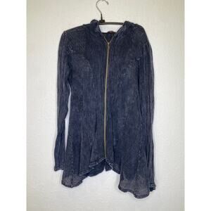 T Party Fish Net Ribbed Panel Hoodie Mineral Navy Sz Lg Zipper Shark Bite Hem